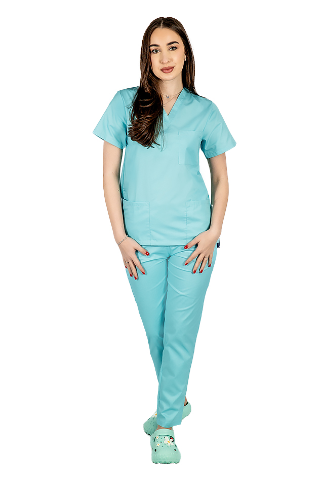 Costum medical menta cu elastan, dama, bluza cu anchior in forma V si pantaloni cu snur