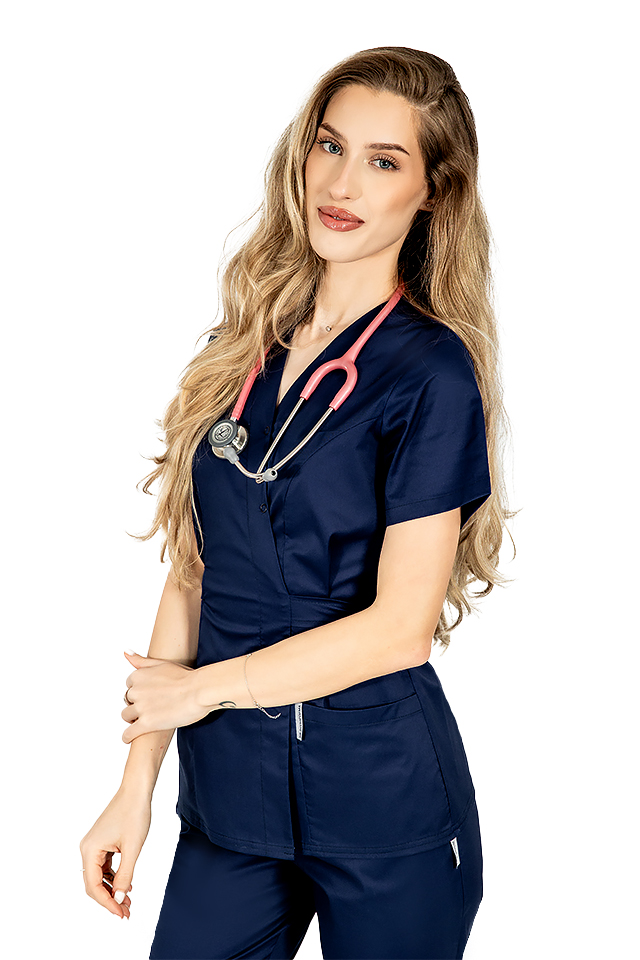 Costum Medical Dama Tip Kimono Bleumarin – Autoritate si Practic in Egala Masura