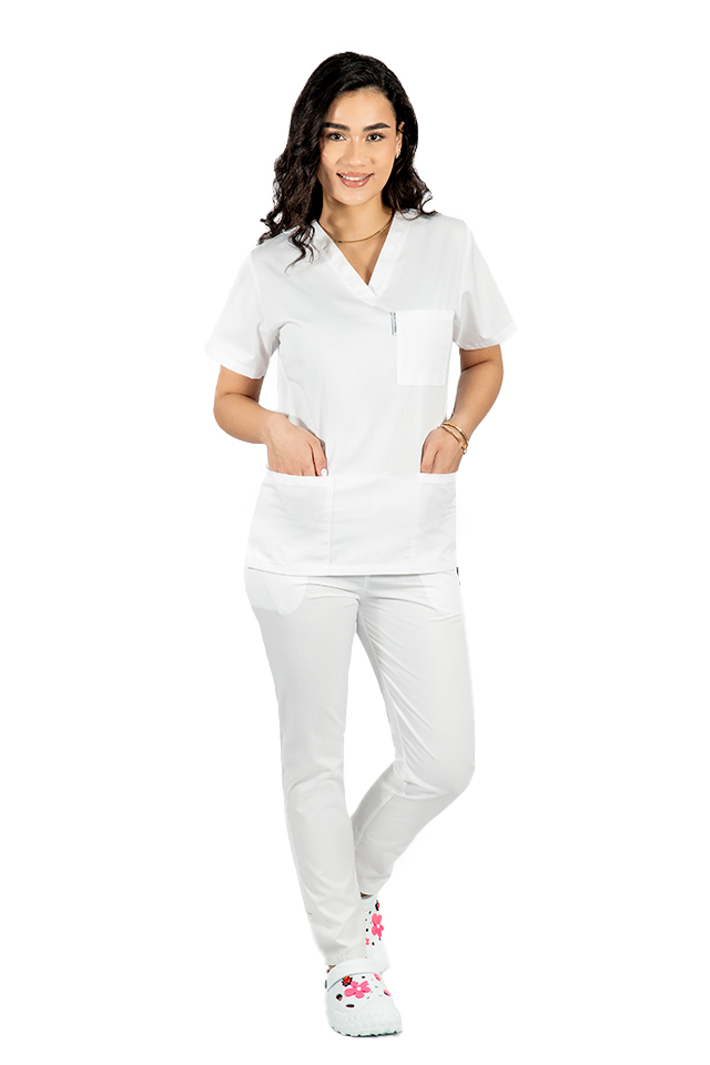 Costum medical cu elastan alb, dama, format din bluza cu anchior in V si pantaloni albi cu snur