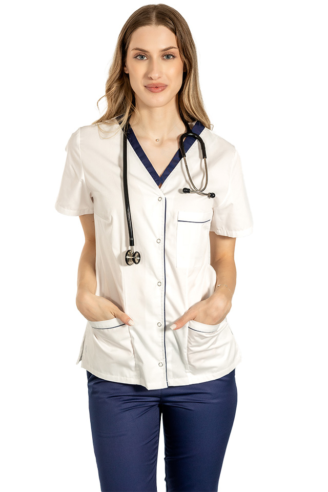 Costum medical cu elastan format din bluza alb cu paspol bleumarin si pantaloni bleumarin cu elastic