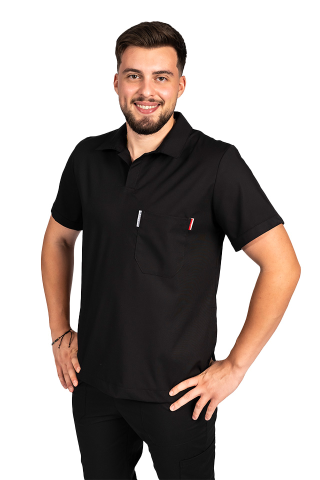 Costum medical stretch polo barbati negru, cu bluza in V si pantaloni tip jogger, cu snur si elastic