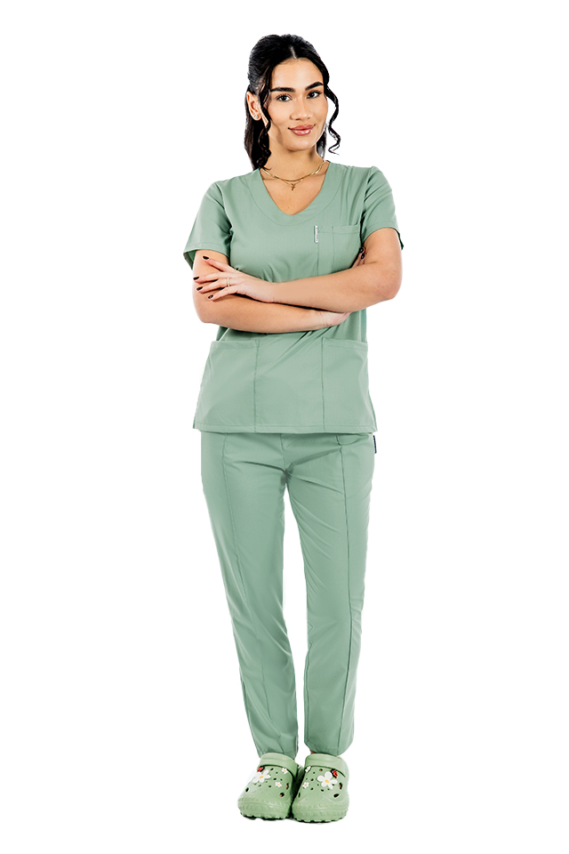 Costum medical stretch olive cu bluza in V si pantaloni cu snur si elastic
