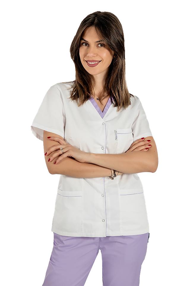 Costum medical cu elastan format din bluza alb cu paspol lila si pantaloni lila cu elastic