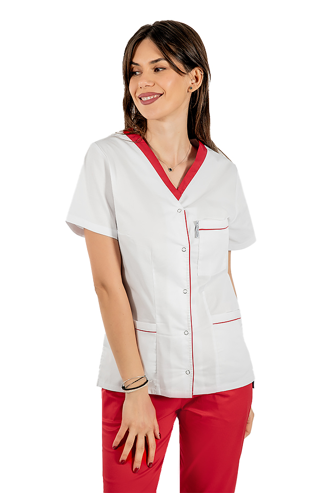 Costum medical cu elastan format din bluza alb cu paspol rosu si pantaloni rosii cu elastic