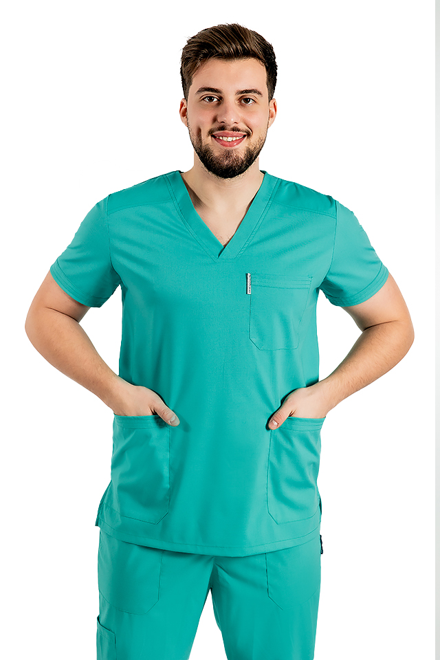 Costum medical stretch barbati verde turcoaz cu bluza in V si pantaloni cu snur si elastic