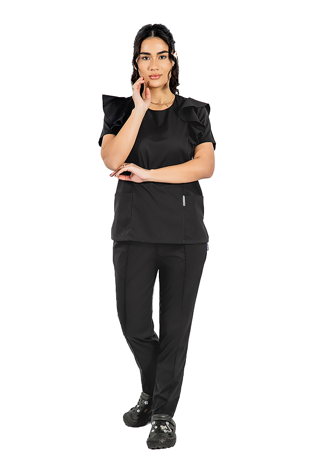 Costum medical stretch Cristina, culoare negru, bluza cu volane si pantaloni cu snur si elastic