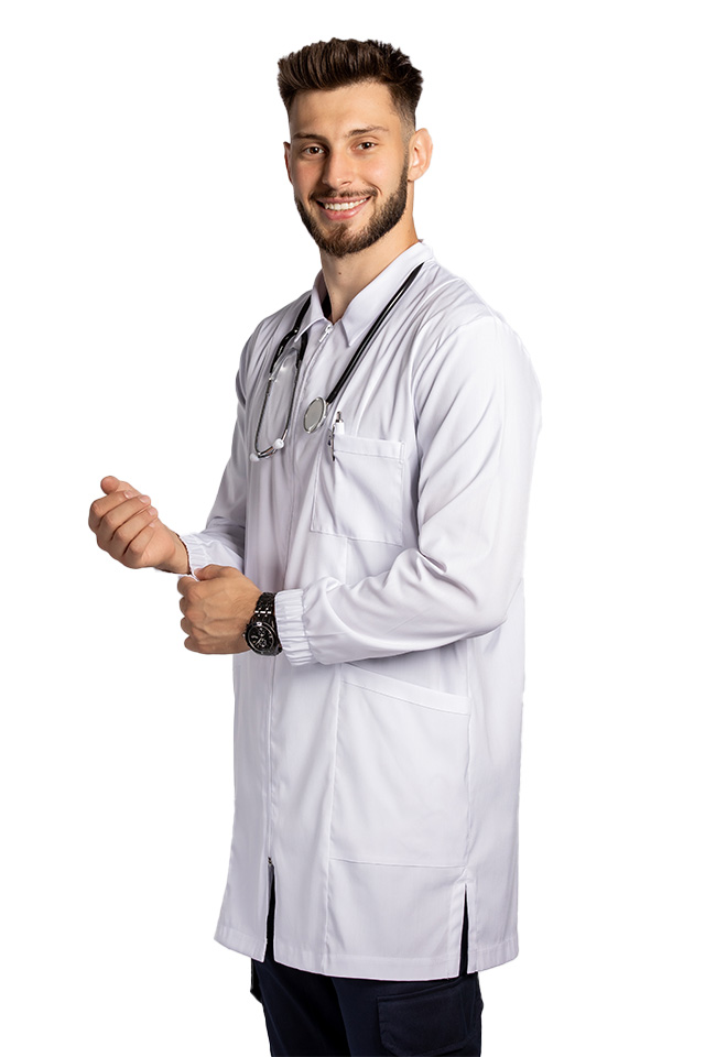 OUTLET Halat medical alb de laborator,model barbatesc, cu guler, trei buzunare si maneca lunga