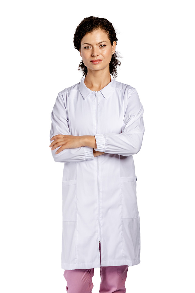 OUTLET Halat medical alb de laborator, model dama, cu guler, trei buzunare si maneca lunga