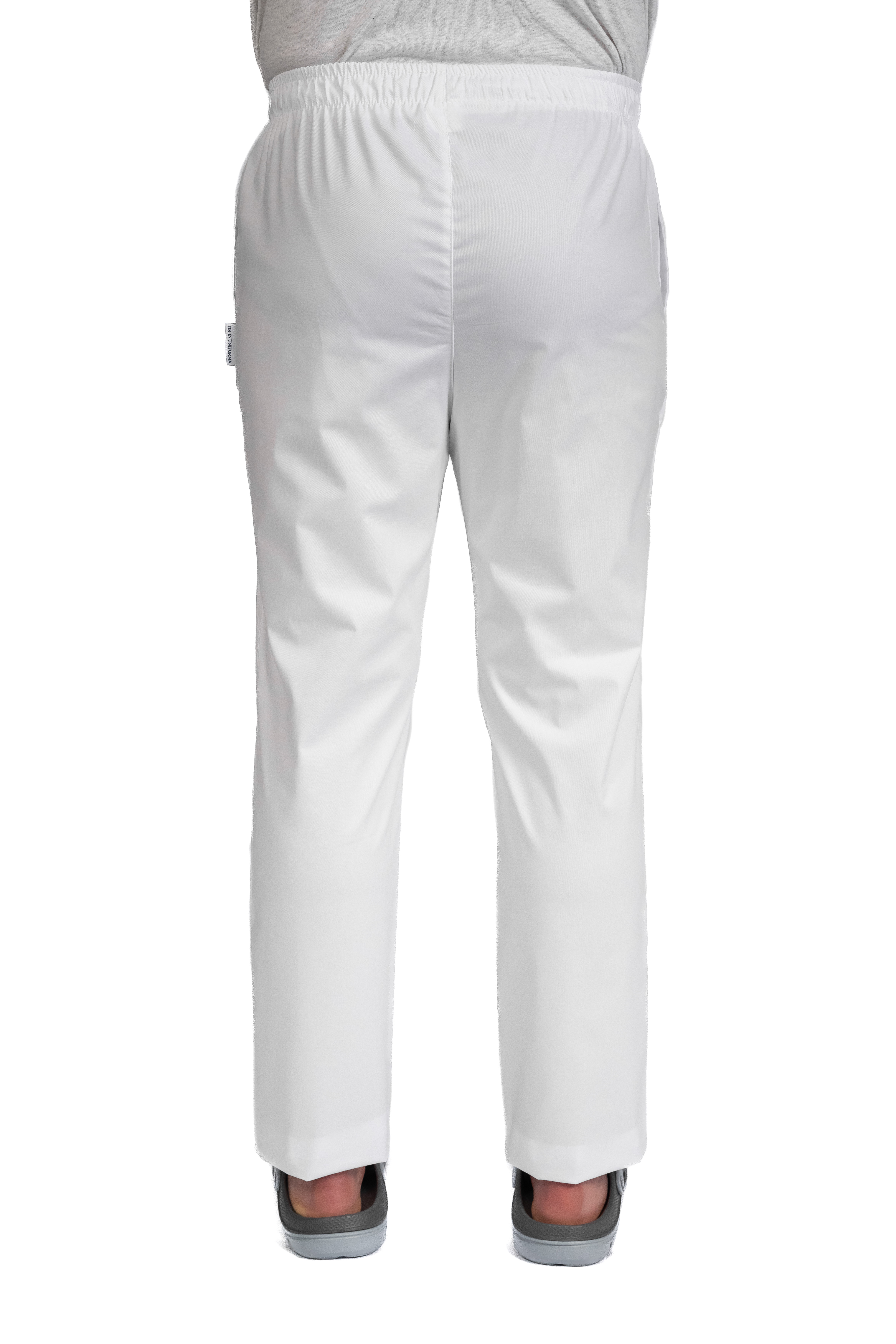 Pantaloni medicali albi cu elastan,barbati, cu snur in talie si doua buzunare laterale