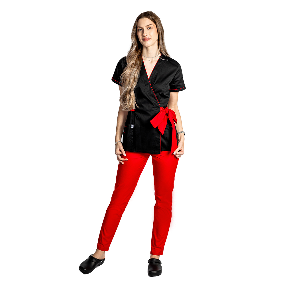 Costum medical kimono negru cu paspol rosu si cordon cu legare tip fundita 