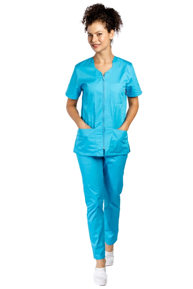 Costum medical turcoaz, cu elastan, bluza cu fermoar cambrata, trei buzunare aplicate si pantaloni cu snur