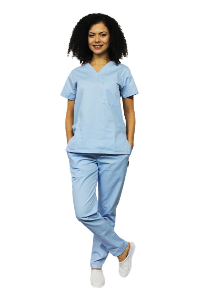 Costum medical bleu cu elastan, bluza cu anchior in forma V si pantaloni cu snur