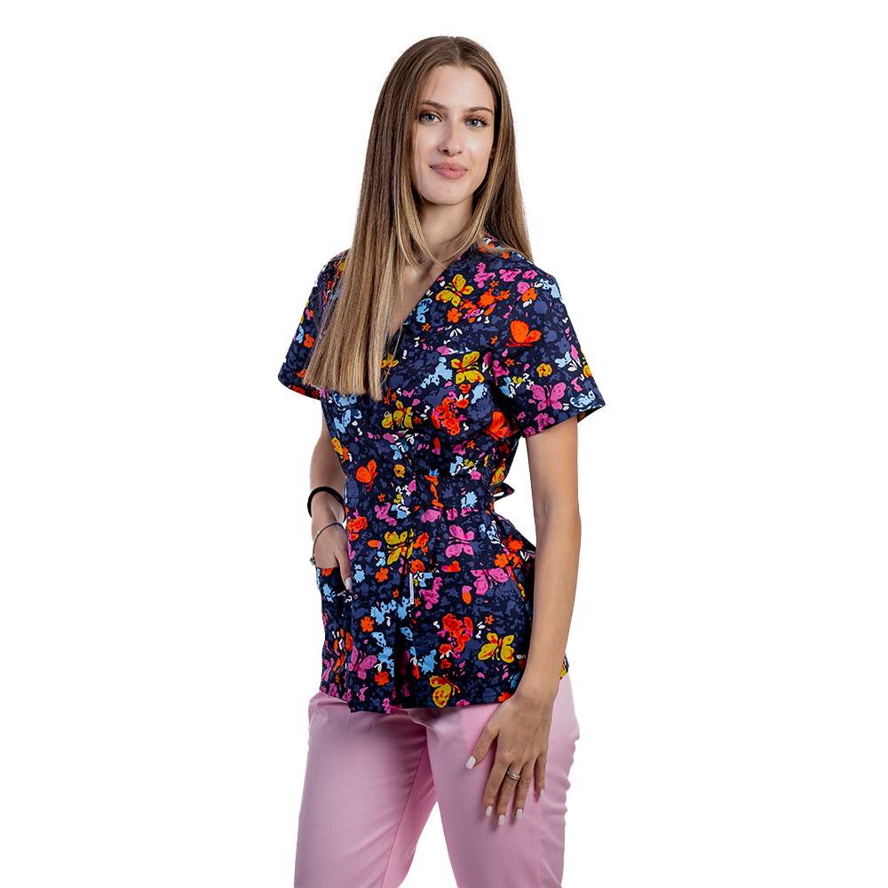 Costum medical kimono Butterfly , cu bluza cu imprimeu  si pantaloni cu elastic