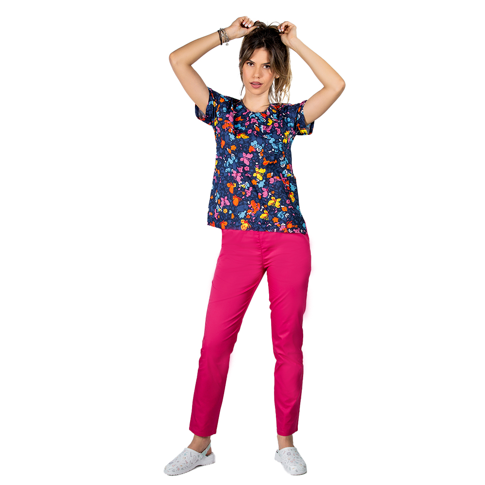 Costum medical Butterfly, cu bluza cu imprimeu  si pantaloni cu elastic