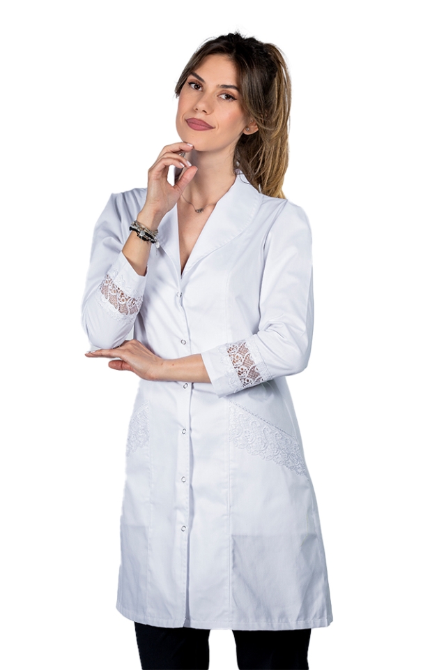 OUTLET Halat medical alb Mara, dama, cu guler tip sal, doua buzunare si maneca lunga cu dantela