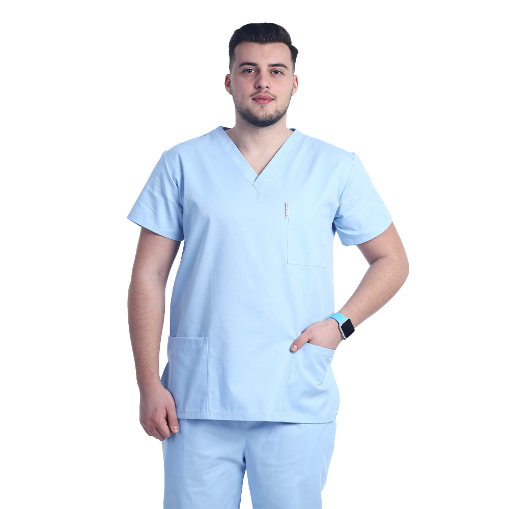 Costum medical bleu cu elastan, barbati, bluza cu anchior in forma V si pantaloni cu snur