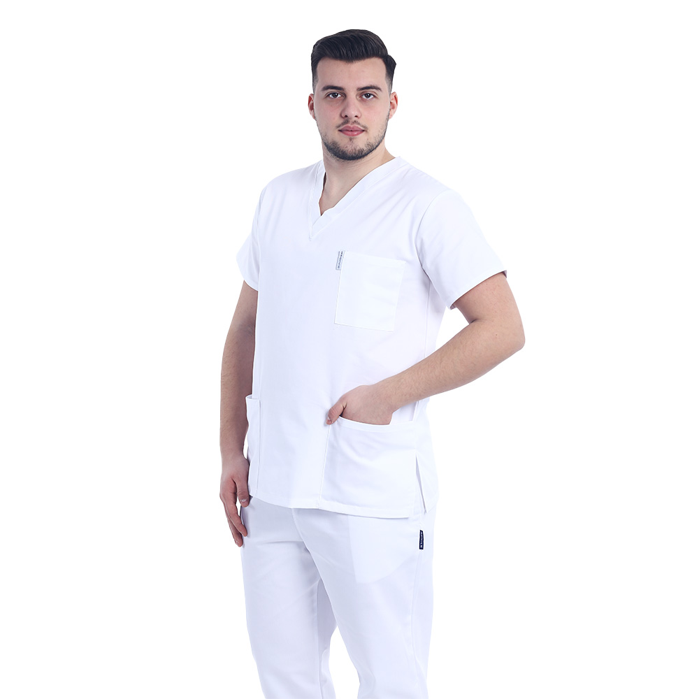 Costum medical alb cu elastan, barbati, bluza cu anchior in forma V si pantaloni cu snur