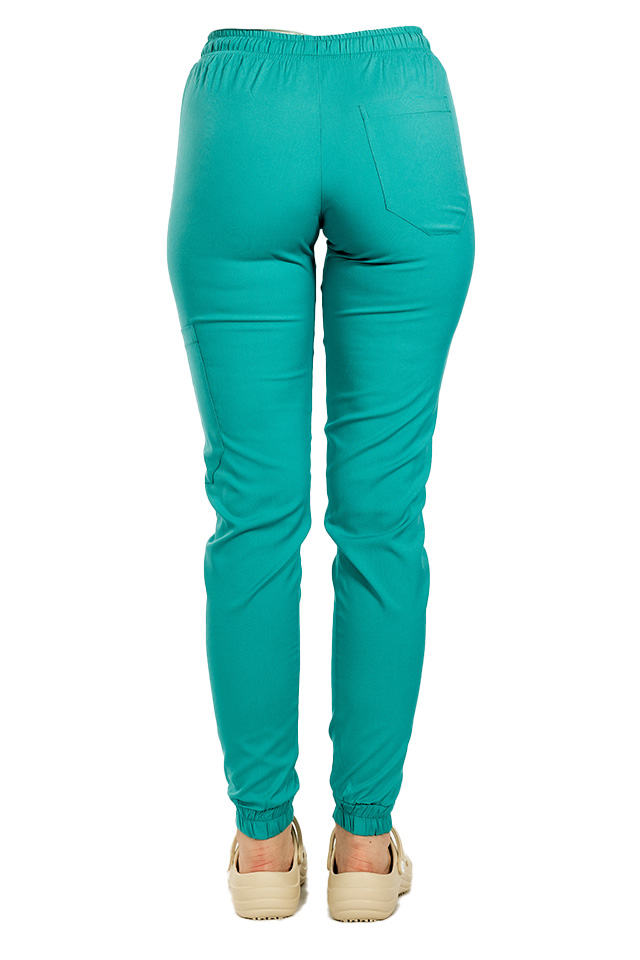 Pantaloni medicali stretch tip jogger verde turcoaz cu snur si elastic in talie si la glezna