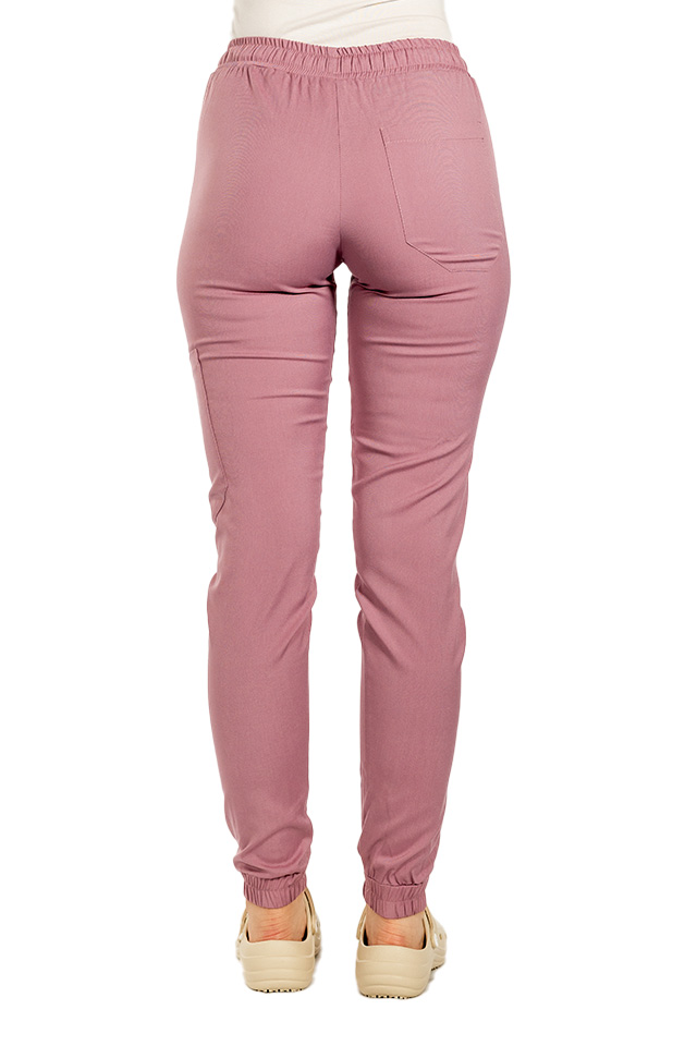 Pantaloni medicali stretch tip jogger roz pudrat cu snur si elastic in talie si la glezna
