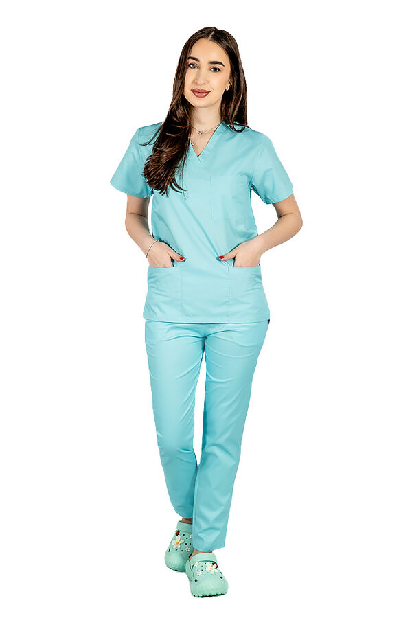 Costum medical menta cu elastan, dama, bluza cu anchior in forma V si pantaloni cu snur