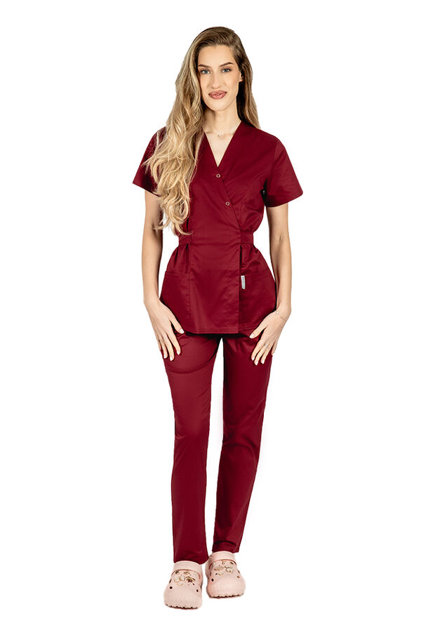 Costum Medical Dama Tip Kimono Grena – Eleganta Profunda pentru Clinica