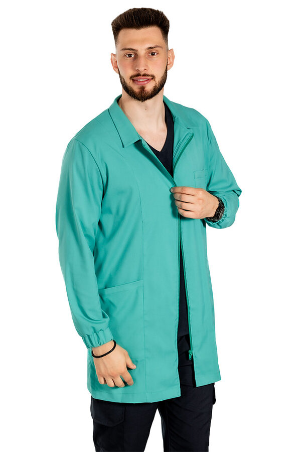 OUTLET Halat medical verde turcoaz de laborator,model barbatesc, cu guler, trei buzunare si maneca lunga
