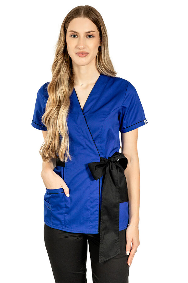 Halat medical kimono albastru cu paspol negru si cordon cu legare tip fundita