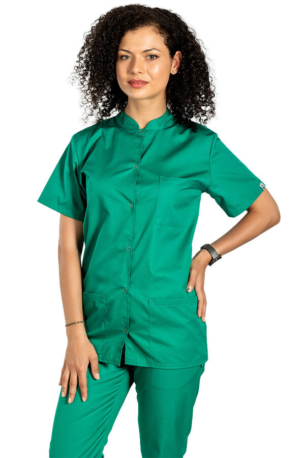 Halat medical verde chirurgical cu guler tip tunica si trei buzunare 