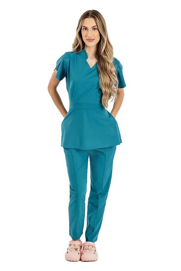 Costum medical stretch Alina, culoare aqua, bluza cu cordon si pantaloni cu snur si elastic