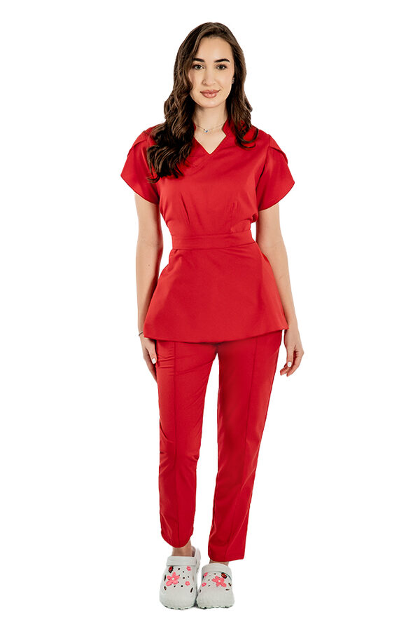 Costum medical stretch Alina, culoare rosu, bluza cu cordon si pantaloni cu snur si elastic