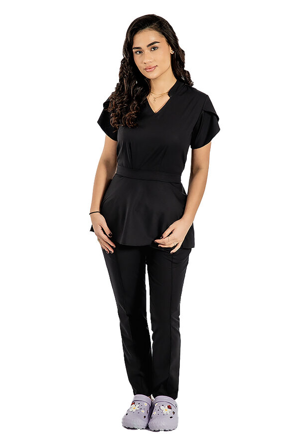 Costum medical stretch Alina, culoare negru, bluza cu cordon si pantaloni cu snur si elastic