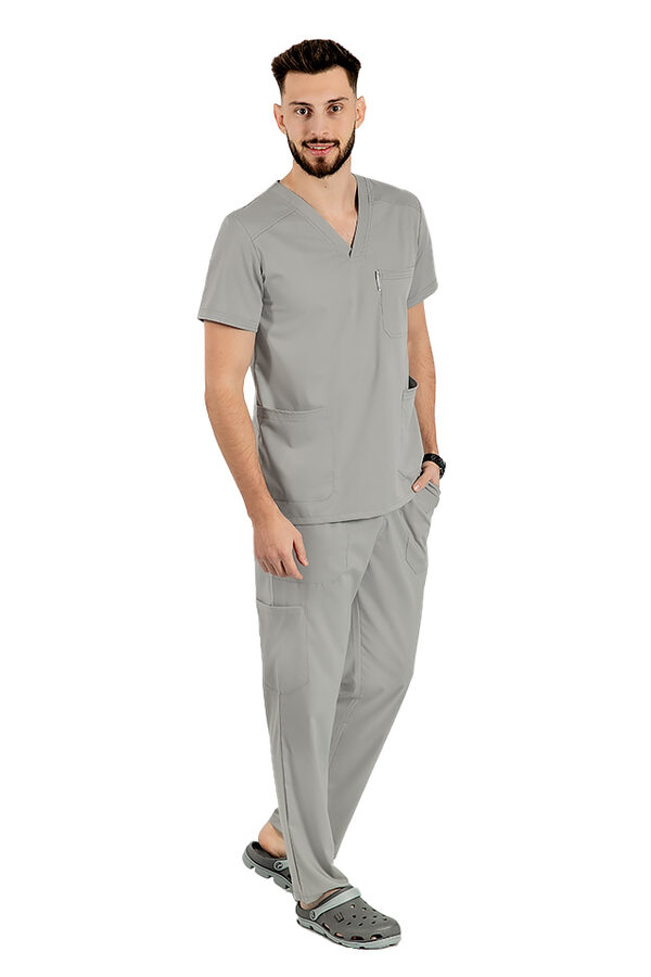 Costum medical stretch barbati gri cu bluza in V si pantaloni cu snur si elastic