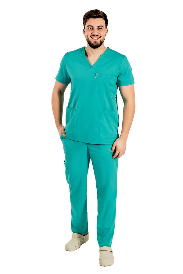 Costum medical stretch barbati verde turcoaz cu bluza in V si pantaloni cu snur si elastic
