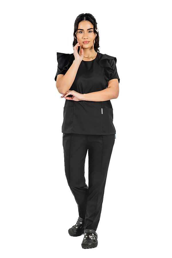 Costum medical stretch Cristina, culoare negru, bluza cu volane si pantaloni cu snur si elastic