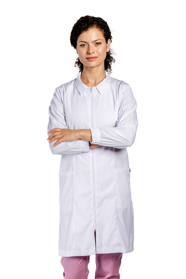 OUTLET Halat medical alb de laborator, model dama, cu guler, trei buzunare si maneca lunga
