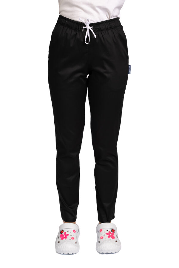 Pantaloni medicali cu elastan negri, model dama, cu snur si doua buzunare laterale
