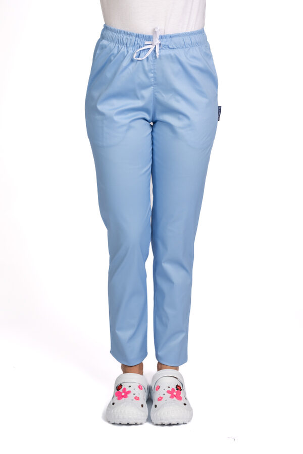 Pantaloni medicali elastici, dama, bleu cu snur si doua buzunare laterale