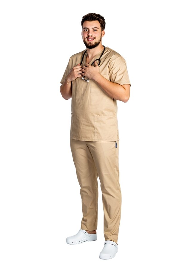 Costum medical barbati cu elastan culoare crem