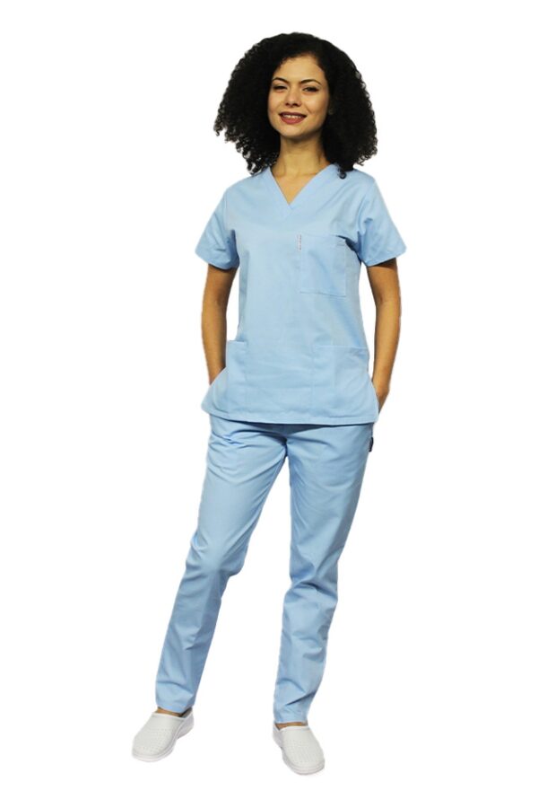 Costum medical bleu cu elastan, bluza cu anchior in forma V si pantaloni cu snur