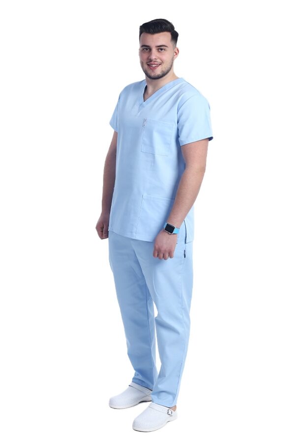Costum medical bleu cu elastan, barbati, bluza cu anchior in forma V si pantaloni cu snur