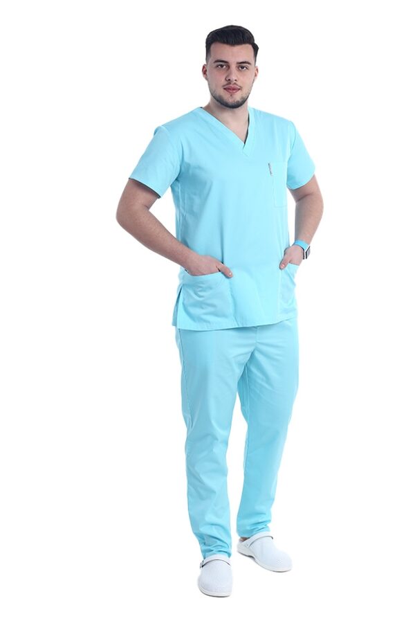 Costum medical menta cu elastan, barbati, bluza cu anchior in forma V si pantaloni cu snur