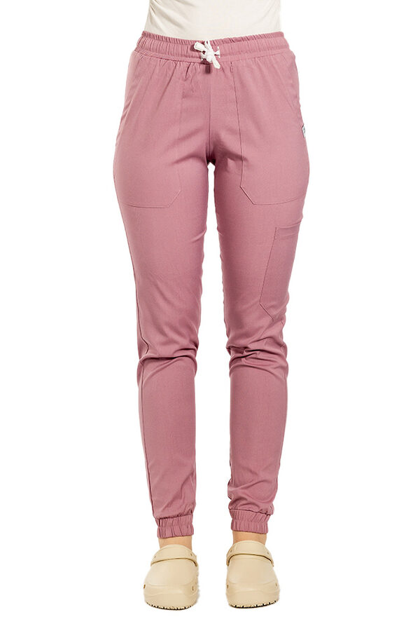 Pantaloni medicali stretch tip jogger roz pudrat cu snur si elastic in talie si la glezna